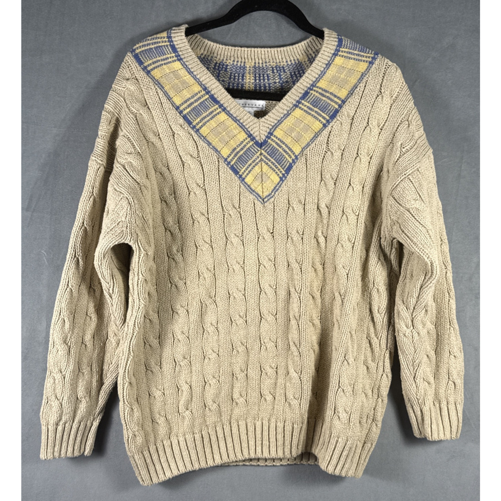 Vintage Weathervane V Neck Raimie Cotton Cable Knit Sweater Sz Large Beige 90's